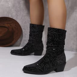 Willtoo Women Mid Calf Boots, Rhinestone Pointed Toe Comfortable Booties, Faux Suede Pull On Chunky Heel Fashion Boots for Party & Daily Wear - Thumbnail 6