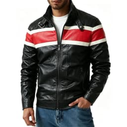 Gamivast Striped Jacket for Men Faux Leather Casual Color Block Motorcycle Coat Vintage Pu Biker Outerwear Stand Collar Zip up Moto Windbreaker - Thumbnail 1