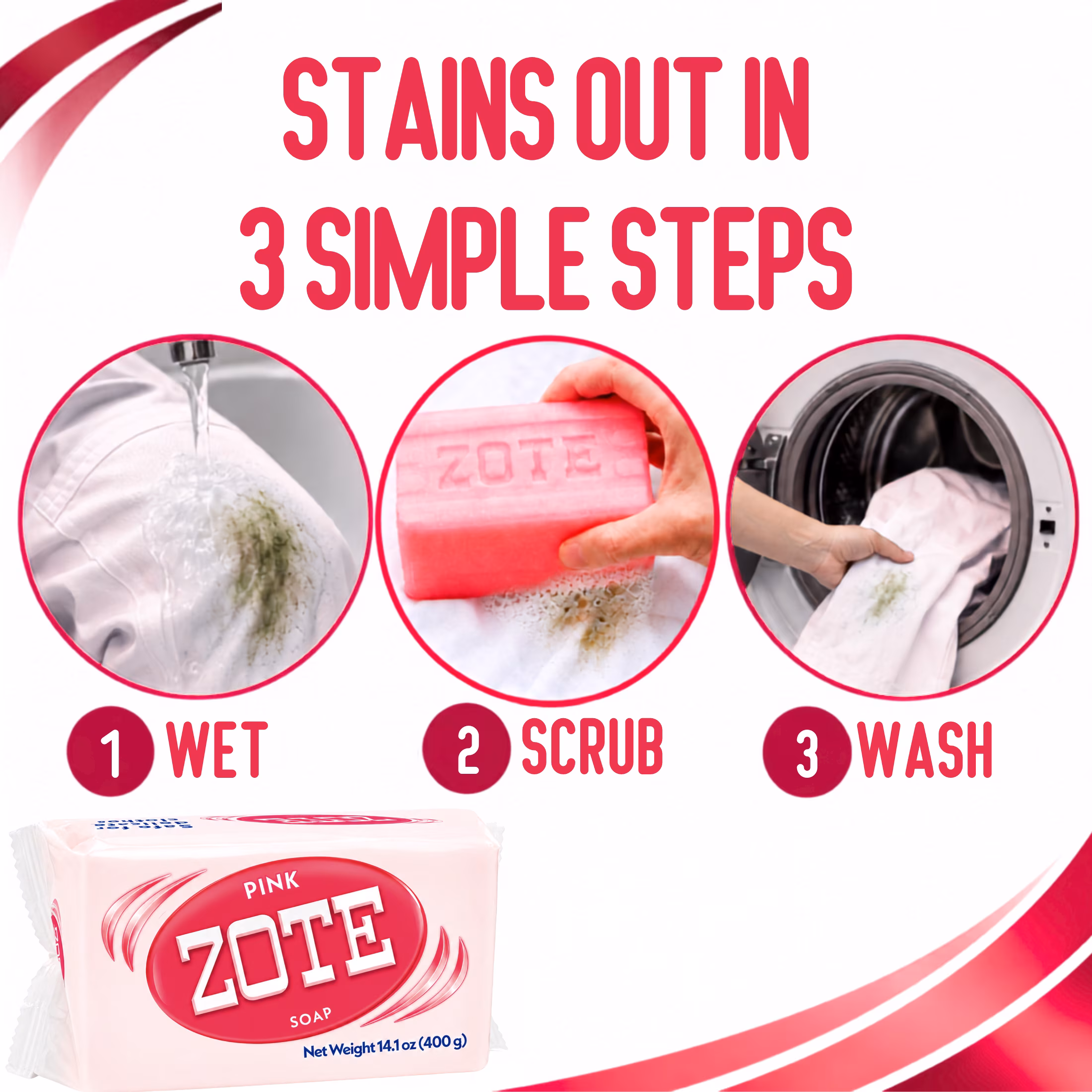 Zote Pink Laundry Bar Soap, Hand & Machine Wash, All Ages, Gentle & Long-Lasting, Laundry Detergent, Bar Cleanser with Sodium Tallowate, 14.1 oz - Thumbnail 3