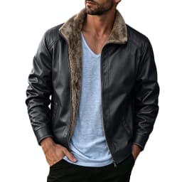 Agkizg Men's Winter Warm Leather Jackets, Vintage Motorcycle Faux Leather Jacket Full Zip Long Sleeve Casual Biker Outerwear with Pockets - Thumbnail 3