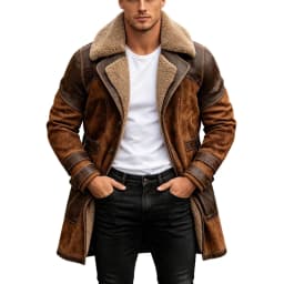 USNSM Men's Vintage Faux Leather Jacket Sherpa Lined Plush Collar Warm Winter Coat Western Cowboy Motorcycle Thick Overcoat Brown XXL - Thumbnail 4