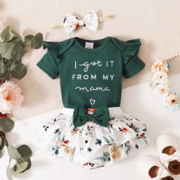 PatPat 3pcs Baby Girl 95% Cotton Short-Sleeve Letter Print Romper & Floral Print Layered Ruffled Shorts & Headband Set,0-18 Month - Thumbnail 12