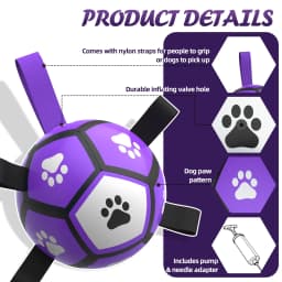 QDAN Durable Dog Toys Soccer Ball with Nylon Straps Hand Pump for Puppies Small Dogs, Purple & Gray, 5-inch - Thumbnail 8