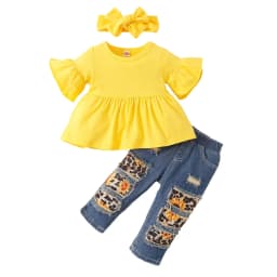 9 Months Baby Girls Clothes 12 Months Girls 3PCS Outfits Infant Girls Flared Sleeve Top Sunflower Patch Jeans Pants Headband Set Yellow - Thumbnail 1