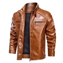Men's Leather Jacket Stand Collar Motorcycle Bomber Jackets Brown S - Thumbnail 3