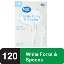 (3 pack) Great Value Everyday Disposable Plastic Forks and Spoons, White, 120 Count, 60 Forks and 60 Spoons - Thumbnail 2