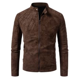 Men's Faux Leather Moto Jacket with Stand Collar, Metal Zipper, Casual Outerwear for Outdoor Wear, Slim Fit Short Coat - Thumbnail 3
