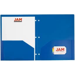JAM Paper Heavy Duty Plastic 3 Hole Punch School Folders with Pockets, Blue, 6/Pack - Thumbnail 3