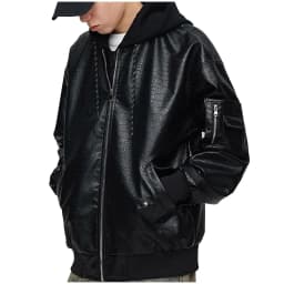 YLSDY Men's Faux Leather Jacket Zipper Hooded Bomber Jacket Loose Fit PU Leather Motorcycle Outwear Large Black M - Thumbnail 4