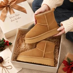Crestar Platform Mini Boots for Women, Genuine Suede Fuzzy Ankle Snow Boots with Fur Lined, Chestnut - Thumbnail 8