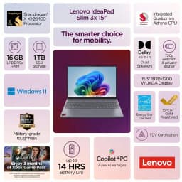 Lenovo IdeaPad Slim 3x 15.3" WUXGA screen Copilot+ PC - Snapdragon X (8-Core), 16GB LPDDR5X, 1TB SSD - Thumbnail 5