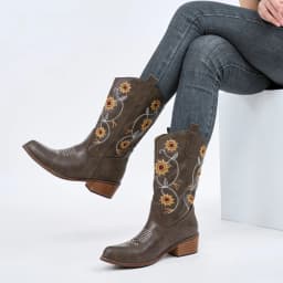 Ecetana Women's Western Cowboy Boots Sunflower Embroidered Mid-Calf Pointed Toe Chunky Heel Cowgirl Boot - Thumbnail 6