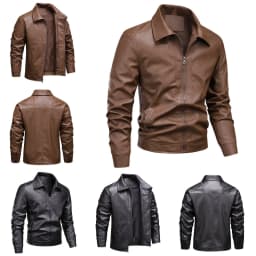Zivyakyro Faux Leather Men Jacket Fall Winter Long Sleeve Windproof Trucker Regular Plain Warm Jackets Zip up Brown L - Thumbnail 1