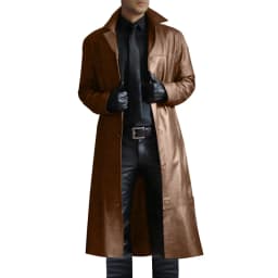 Mens Long Faux Leather Jacket Notched Lapel Mid Length Vintage Style Motorcycle Leather Jacket Overcoat for Men (Medium, Brown) - Thumbnail 1