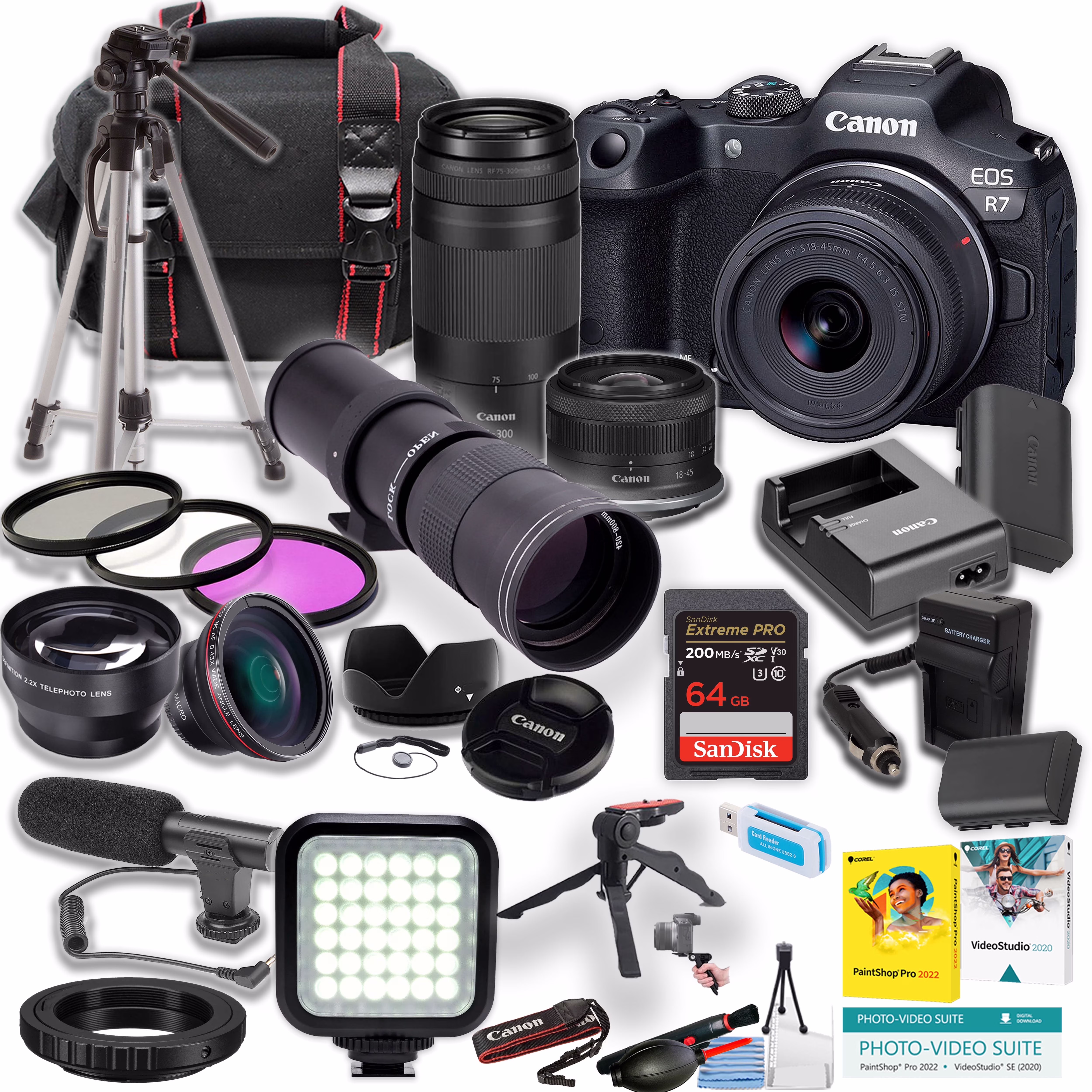 Canon EOS R7 Mirrorless Camera w/18-45mm and RF 75-300mm and 420-800mm Lens + SanDisk 64GB Extreme Pro Memory Card + LED Light + Tripod + More (28pc - Thumbnail 1