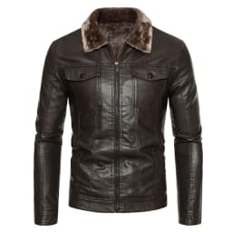 ZCFZJW Men's Winter Warm Leather Lapel Jackets Casual Full Zip Up Sherpa Fleece Lined Jacket Motorcycle Big and Tall Vintage Coats Z#01-Coffee M - Thumbnail 1