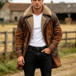 USNSM Men's Vintage Faux Leather Jacket Sherpa Lined Plush Collar Warm Winter Coat Western Cowboy Motorcycle Thick Overcoat Brown XXL - Thumbnail 8