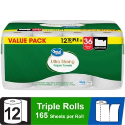 Great Value Ultra Strong Paper Towels, White, 12 Triple Rolls - Thumbnail 1