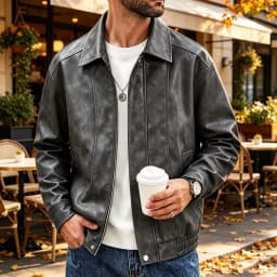 HBGVBA Men's Vintage Faux Leather Bomber Jacket, Turn Down Collar Full Zip Front, Elastic Ribbed Hem Side Pockets Daily Outerwear - Thumbnail 2