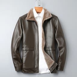BLTIBY Men's Faux Leather Jacket Casual Zip Up Fur Collar Lapel Vintage Leather Motorcycle Coat Solid Color Slim Punk Biker Outwear with Pockets Brown L - Thumbnail 1