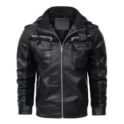 JUUYY Men's Faux Leather Bomber Jacket Hooded Fleece g Coat Retro Velvet Leather Zipper Pocket Long Sleeved Winter m Motorcycle Jacket Black XL - Thumbnail 1