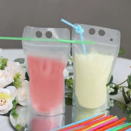 Efavormart 50 Pack Clear Stand-Up Plastic Drink Pouches with Straws, 12oz Reclosable Hand-Held Zipper Juice Smoothie Drink Bags - Thumbnail 10