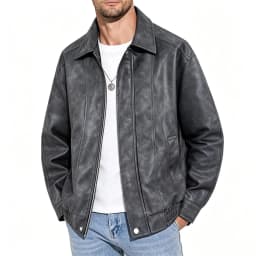 HBGVBA Men's Vintage Faux Leather Bomber Jacket, Turn Down Collar Full Zip Front, Elastic Ribbed Hem Side Pockets Daily Outerwear - Thumbnail 1