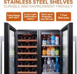 Ca'Lefort Wine and Beverage Refrigerator, 15" Wine Cooler and 15" Beverage Fridge Side-by-Side, Holds 33 Bottles and 100 Cans for Halloween Gifts - Thumbnail 5