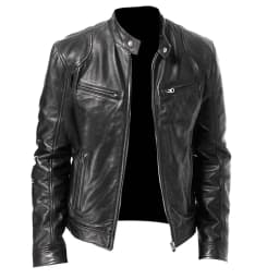 Tuphregyow Men Leather Jackets Zip-Up Slim Biker Casual Winter Coat Trendy Solid Faux Bomber Jacket Motorcycle Lapel Black XXL - Thumbnail 3