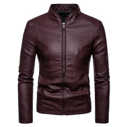 Odeerbi Faux Leather Outwear Jackets for Men Trendy Leather Plus Fleece Jacket Motorcycle Jacket Warm Leather Jacket Wine - Thumbnail 1
