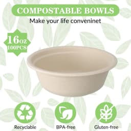 Abaima 100 Pack 16 oz Disposable Paper Bowls 100% Compostable, Natural Biodegradable Bagasse, Eco-Friendly Sugar Cane Fibers Bowls - Thumbnail 6