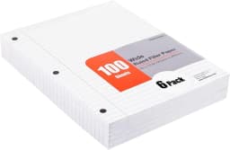Filler Paper 600 Sheets (6pks of 100) - Wide Ruled (8n x 10in) - 3 Hole Punched for Ring Binders - Thumbnail 1
