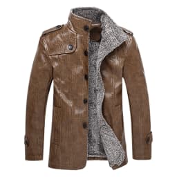 YLSDY Men's Fashion Faux Leather Jacket Winter Warm Fleece Lined Pu Leather Coat Slim Fit Motorcycle Jacket Khaki L - Thumbnail 1