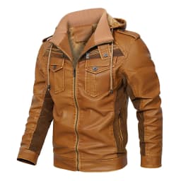 Maoxin Men's Leather Jacket Men's Solid Color Wnter Velvet Leather Zipper Pocket Long Sleeved Hooded Leather Jacket Leather Jackets for Men - Thumbnail 7