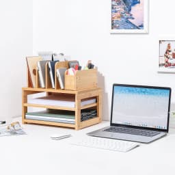 Enogets Bamboo Desk Organizer with File Holder & Adjustable Pen Holding, 3-Tier Desktop Letter Paper Tray Storage - Thumbnail 2