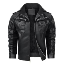 JUUYY Men's Faux Leather Bomber Jacket Hooded Fleece g Coat Retro Velvet Leather Zipper Pocket Long Sleeved Winter m Motorcycle Jacket Black XL - Thumbnail 7