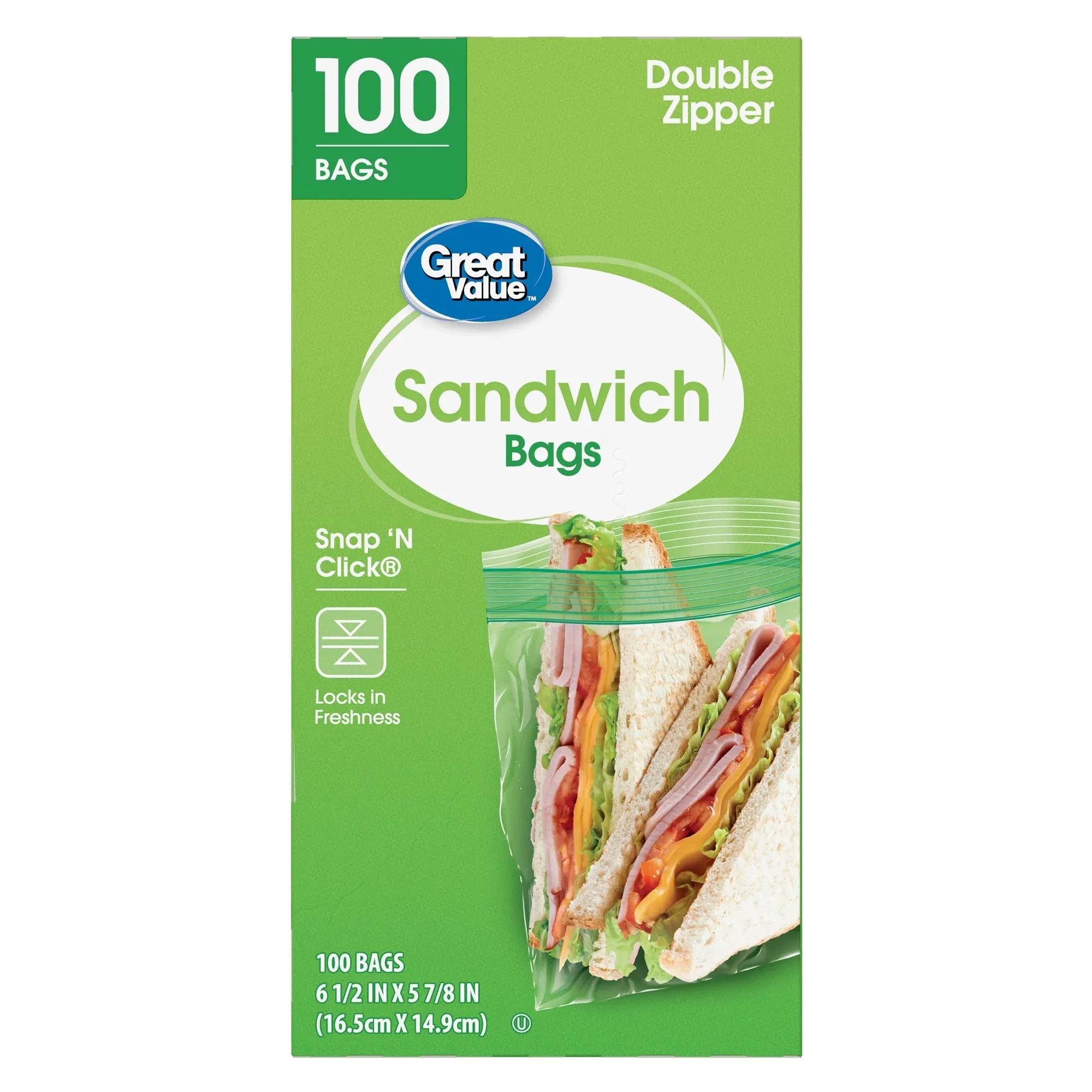 Great Value Double Zipper Sandwich Bags - 100 Count, Fresh Seal for Snacks and Sandwiches