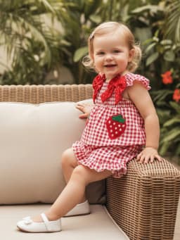 Loicainy Toddler Baby Girl Summer Outfit 6 9 12 18 24 Months 2T 3T Strawberry Embroidered Plaid Bows Ruffled Trim Tank Tops and Shorts 2 Pcs Clothes Set - Thumbnail 6