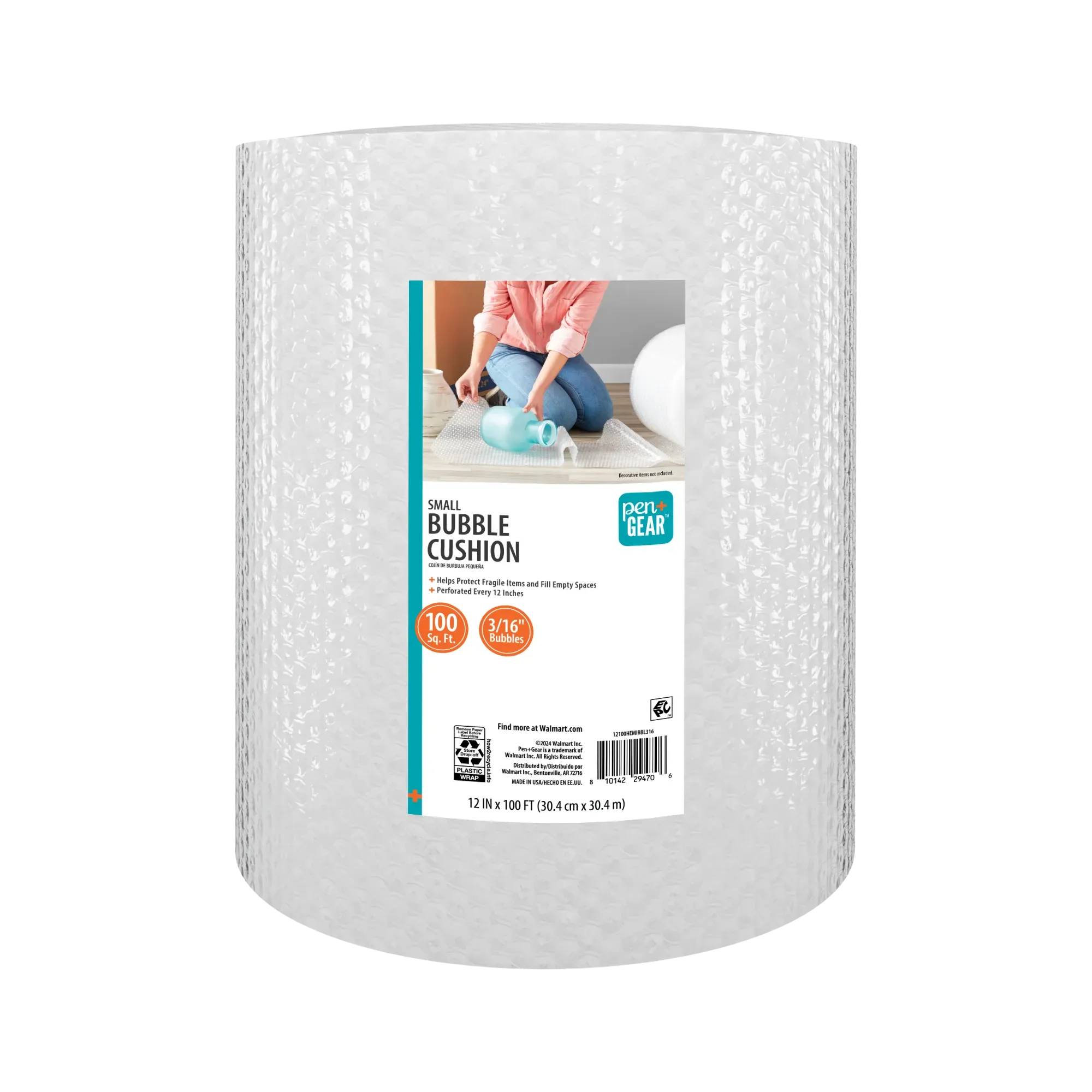 Pen+Gear 12" x 100' Bubble Cushion Roll with 3/16" Small Bubbles for Packing and Shipping