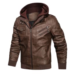 Hood Crew Men's Pu Faux Leather Jacket with Removable Hood Brown M - Thumbnail 2