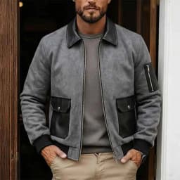 LWITHSZG Mens Bomber Jacket Faux Leather Collared Zip up Jackets with with Pockets Color Block Long Sleeve Fall Winter Casual Outerwear XS - Thumbnail 1