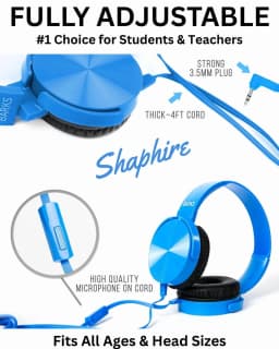 RHEA- New Barks Classroom Headphones W/ Mic – Sapphire, K-12 School Use, On-Ear Blue - Thumbnail 6