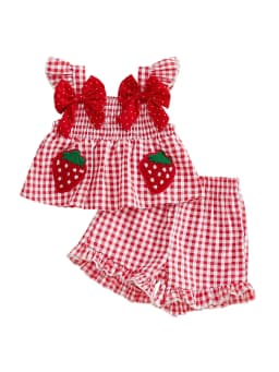 Loicainy Toddler Baby Girl Summer Outfit 6 9 12 18 24 Months 2T 3T Strawberry Embroidered Plaid Bows Ruffled Trim Tank Tops and Shorts 2 Pcs Clothes Set - Thumbnail 1