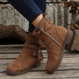 Hinvhai Women's Fashion Wide Width Leather Ankle Short Boots, Casual Comfortable Side Zipper Block Low Heel Round Toe Lace-Up Booties Brown 9(42) - Thumbnail 4