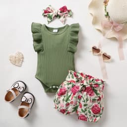 Younger Tree Ropa de Bebé Niña Conjunto de Verano para Infante Mameluco de Manga con Volantes y Shorts Florales con Diadema para 6-12 Meses - Thumbnail 6