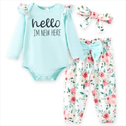 PatPat Baby Girl Clothes Floral Romper Long Sleeve Pants Headband Set Summer Winter Clothing for Newborn Infant Baby Girls Mint Mambo Mint Mambo Mint Mambo 0-3 Months - Thumbnail 1