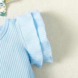 Kucnuzki 0 Months Newborn Baby Girl Clothes Romper Shorts Set 3 Months Fly Sleeve Pure Color Casuak Rompers Top Elastic Floral Mesh Panel Shorts Headband 3PCS Set Blue - Thumbnail 6