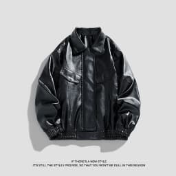 HOOMEUMY Mens Faux Leather Jacket Workout Drop Shoulder Clothes Fashion 2025 Trendy Classic Solid Coat Turndown Collar Design Vintage Loose Fit Biker Outwear Pockets Jacket Casual Black M - Thumbnail 5