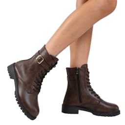 Ankle Boots for Women, Lace Up Combat Booties with Side Zipper Belt Buckle, Chunky Low Heel Round Toe Comfortable Casual Fashion Shoes - Thumbnail 1