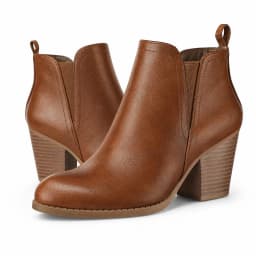 LuckLilac Women's Brown Ankle Boots V-Cut Chunky Block Heel Elastic Gore Fashion Booties for Office Work，9M - Thumbnail 3